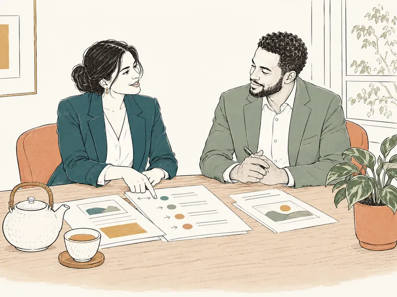 Illustration: two professionals review printed plans together at a table with tea.