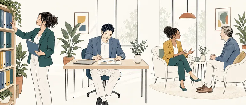 Illustration: a team at work in an office: one colleague files a folder, one plans at a desk, and two meet in armchairs by the window.