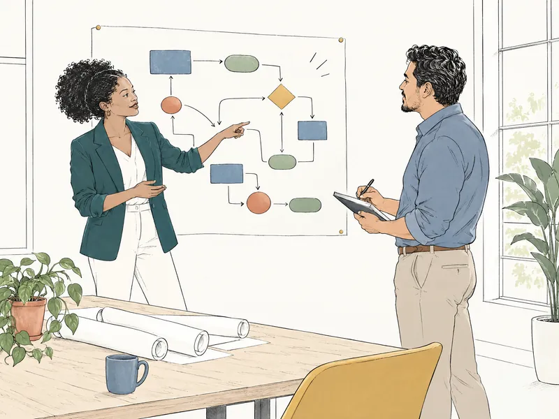 Illustration: an operations guide points to a process map on a wall while a business owner takes notes beside a planning table.