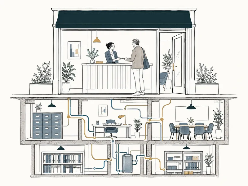 Illustration: a cutaway of a small business, with the client meeting on the ground floor and the files, workspaces and connecting systems in the floors beneath it.