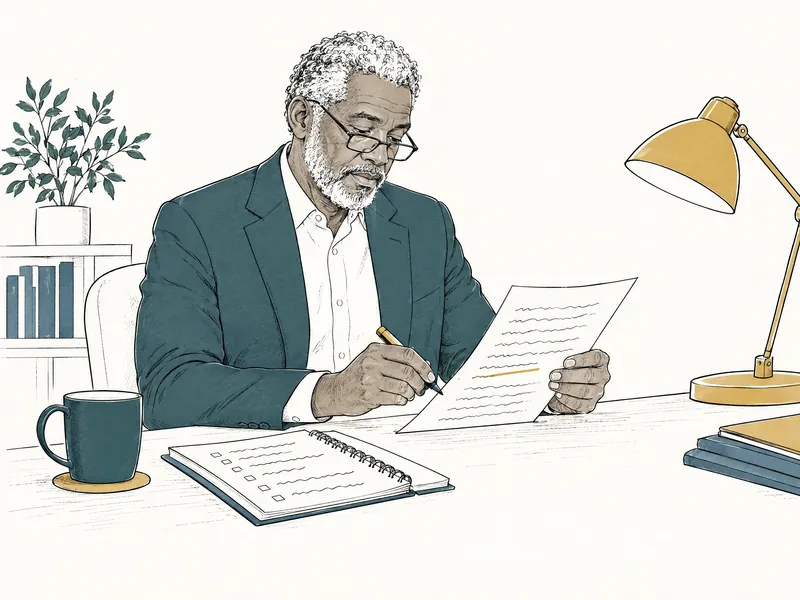 Illustration: a senior professional reads and annotates a brief at his desk under a lamp.
