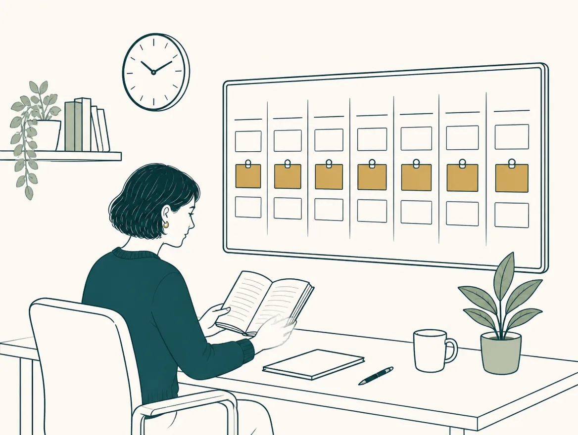 Illustration of a weekly planner board where the same task card appears in the same slot each week while a person reads at a desk.