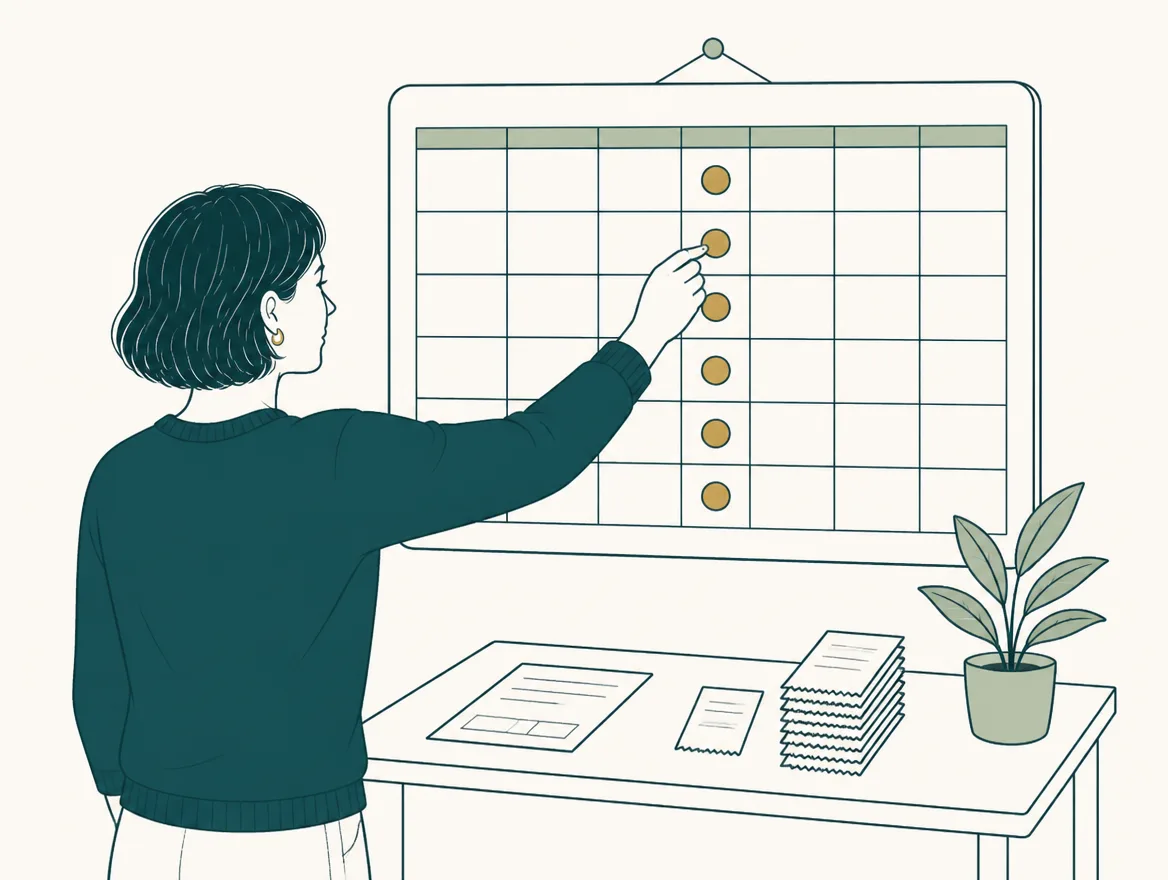 Illustration of a person pinning a gold marker on a wall calendar with a repeating monthly pattern above a desk with invoices.