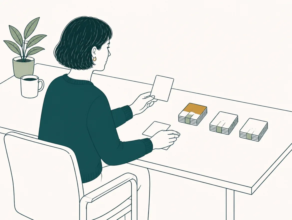 Illustration of an educator grouping lesson cards into three module stacks held by sage bands, a gold card on the first.