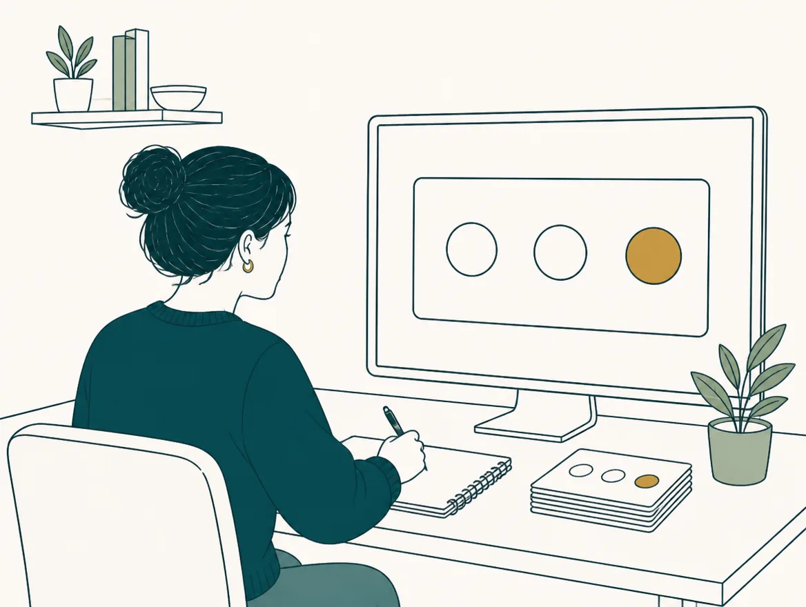 Illustration of a learner at a home desk with a notebook, looking at a card with three answer circles, one filled in gold.