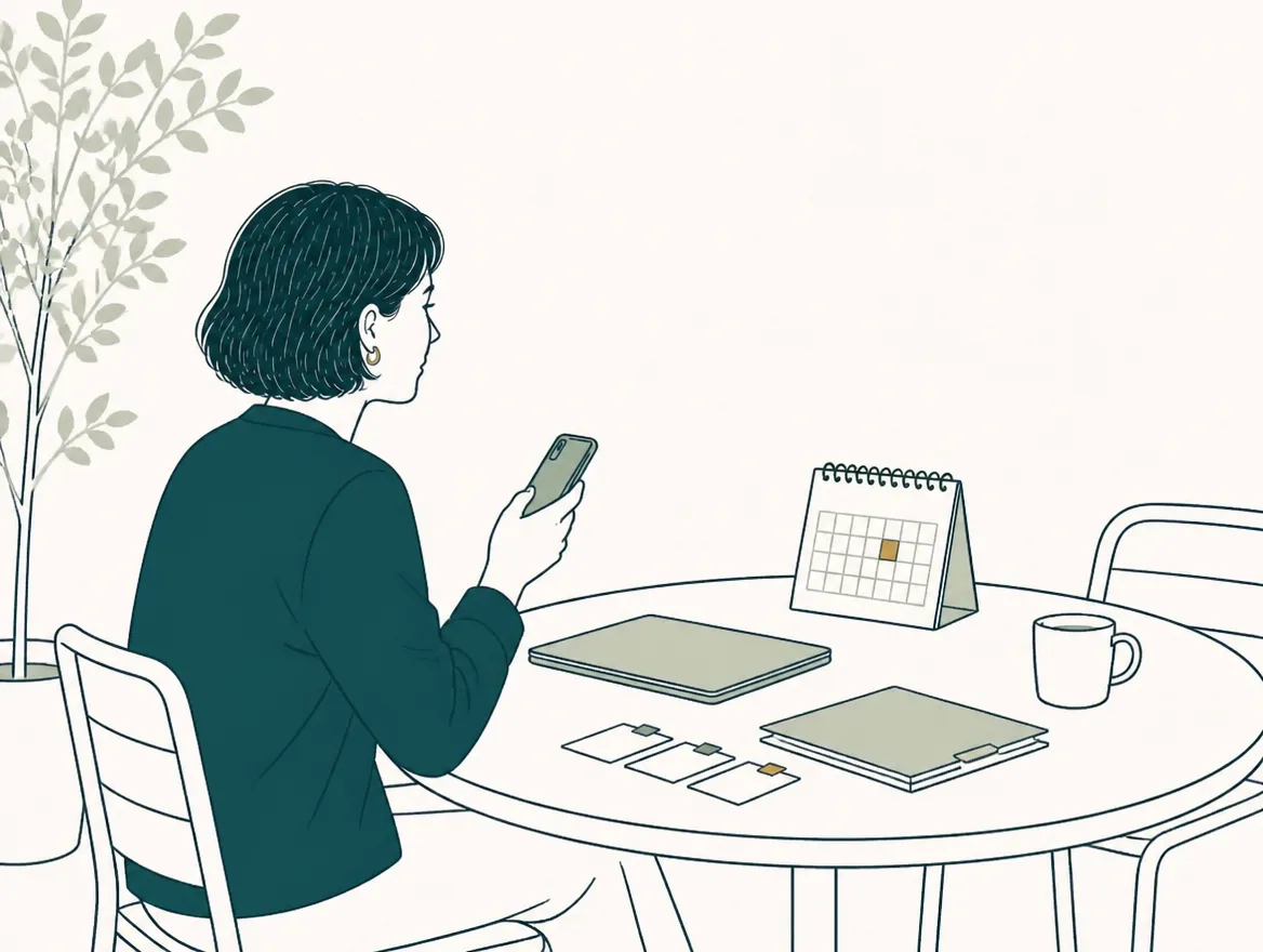 Illustration of a consultant with a phone beside a desk calendar with one gold day, tabbed note cards and a client folder.