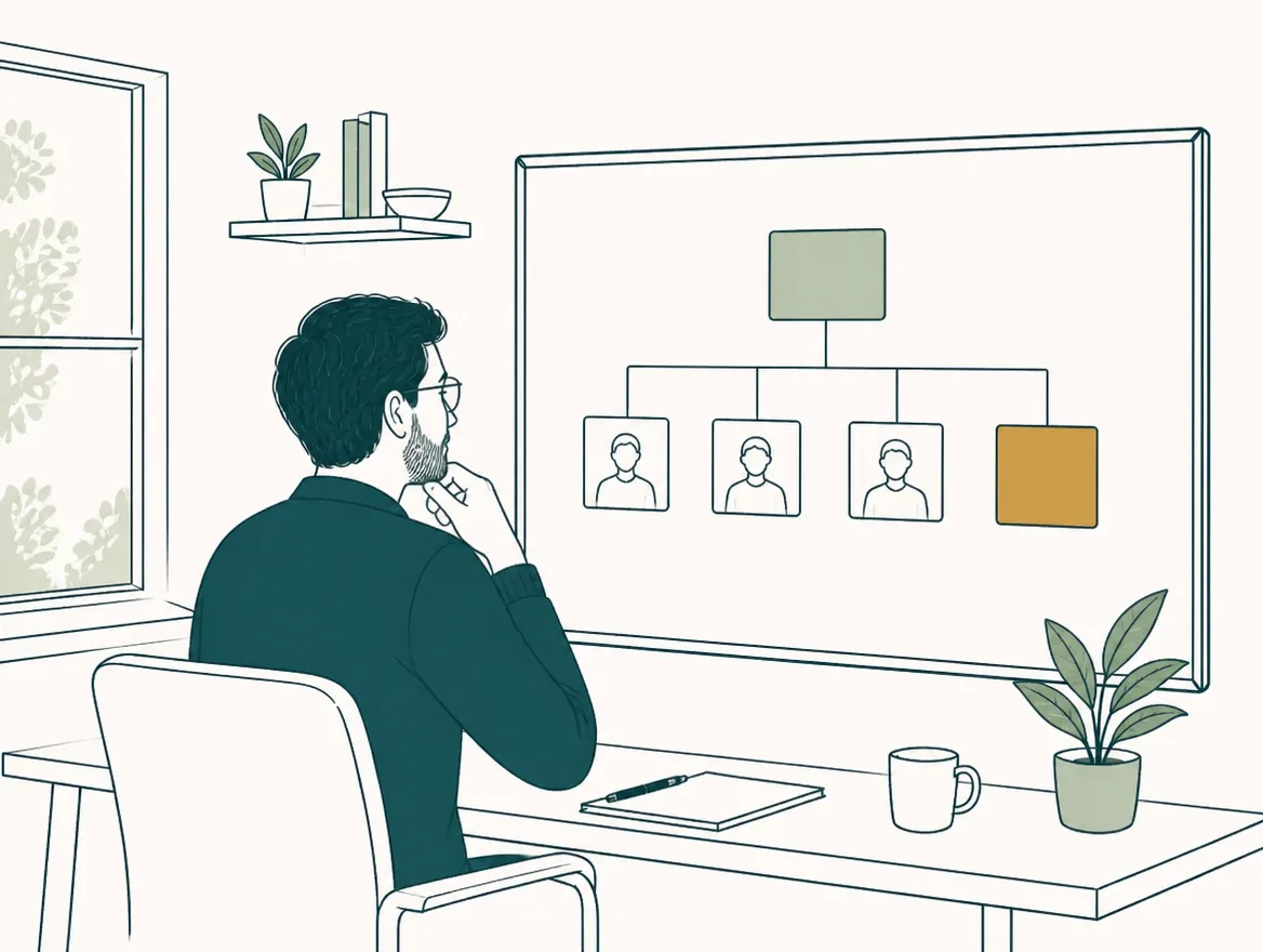 Illustration of a business owner studying a simple diagram where one company card connects to three contact cards and a gold opportunity card.