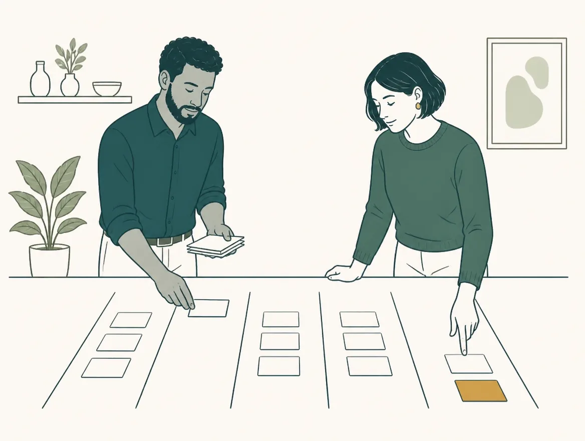 Illustration of two colleagues sliding plain cards across four lanes on a table, one gold card reaching the final lane.
