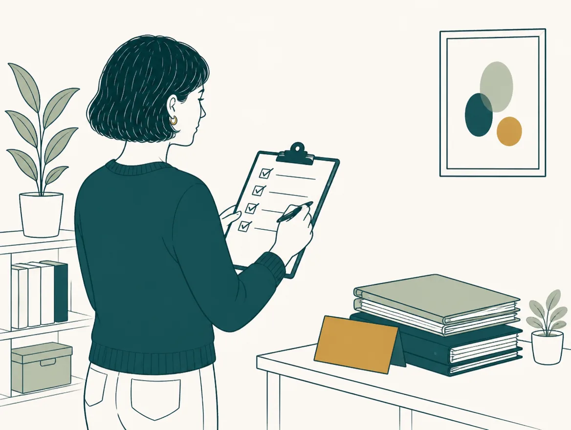 Illustration of a team member ticking a clipboard checklist beside prepared folders and a gold kickoff card.