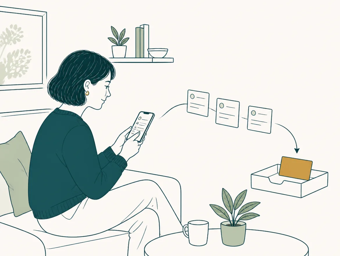 Illustration of a new client on a sofa filling in a short form on a phone while plain cards travel along a line into a tidy tray.