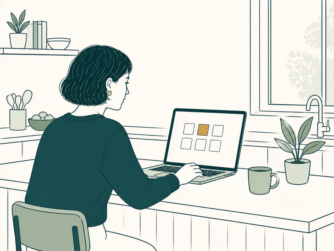 Illustration of a client at a kitchen counter opening a laptop that shows a few tidy blank tiles, one in gold.