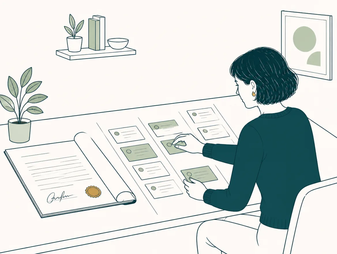 Illustration of a signed document with a gold seal unfolding into a tidy board of task cards that a project lead arranges.