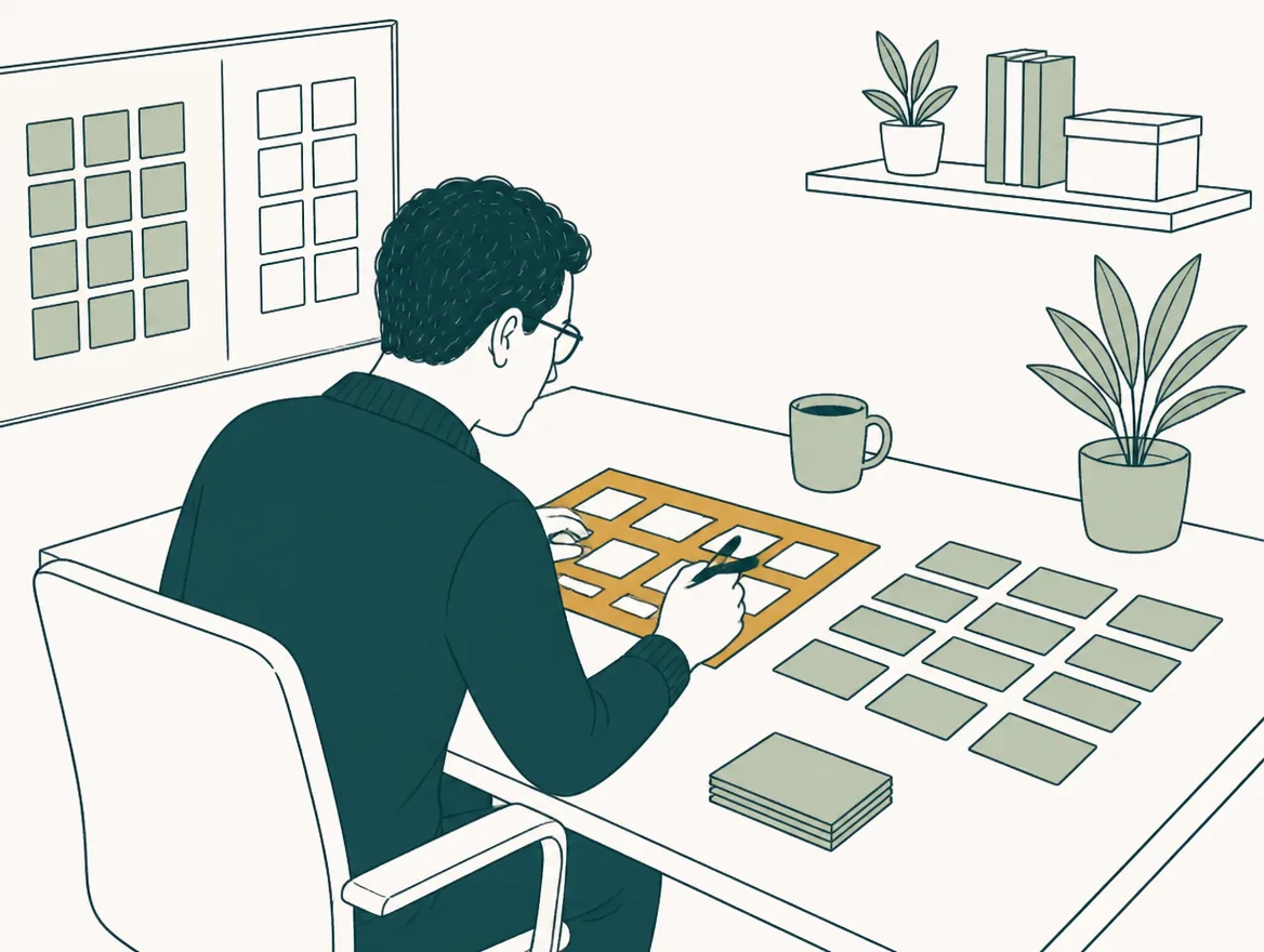Illustration of a coordinator laying out an identical set of task cards from a template beside a completed set.