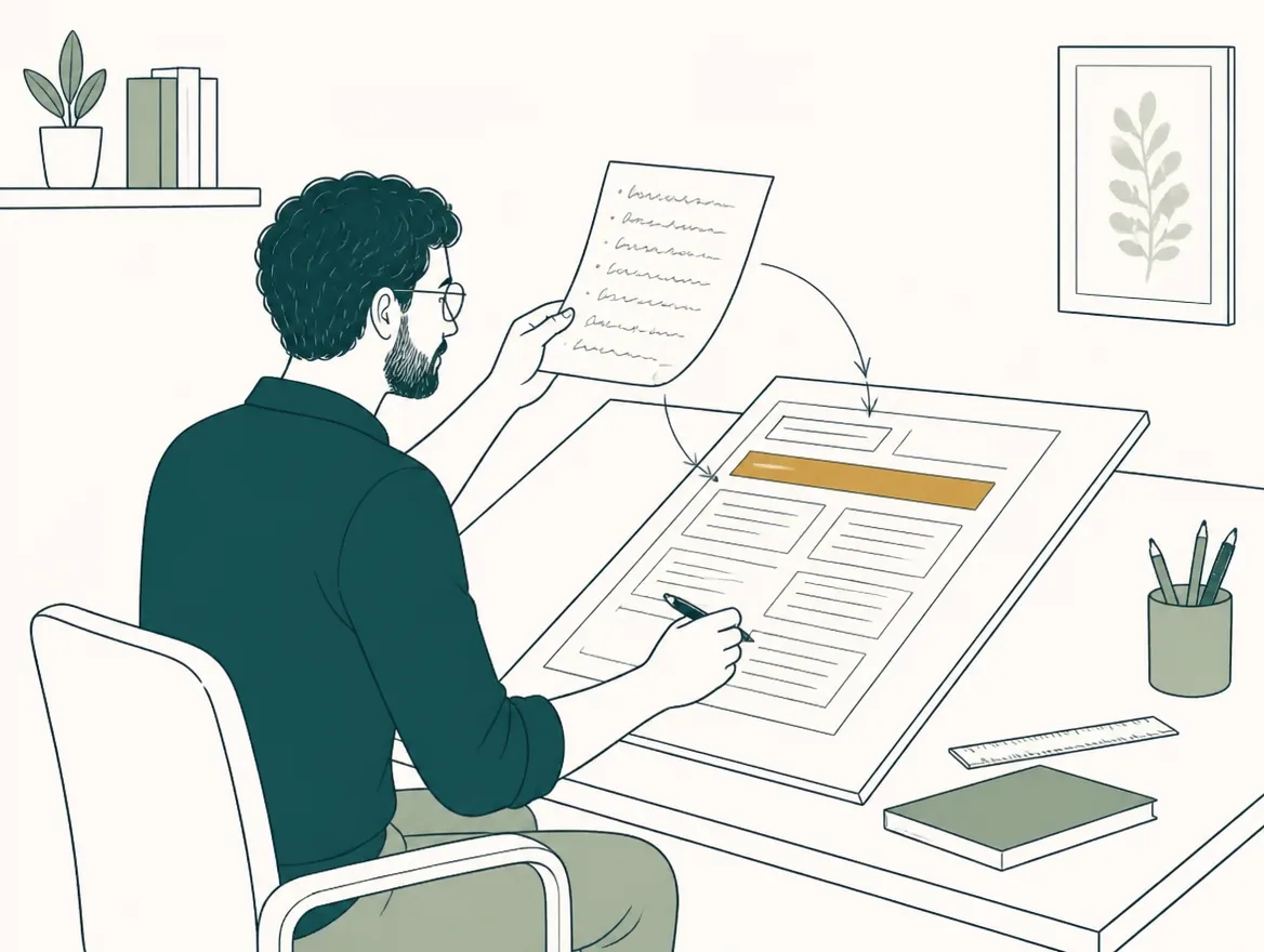 Illustration of a service provider turning a page of handwritten notes into a neat multi-section document with one gold band.