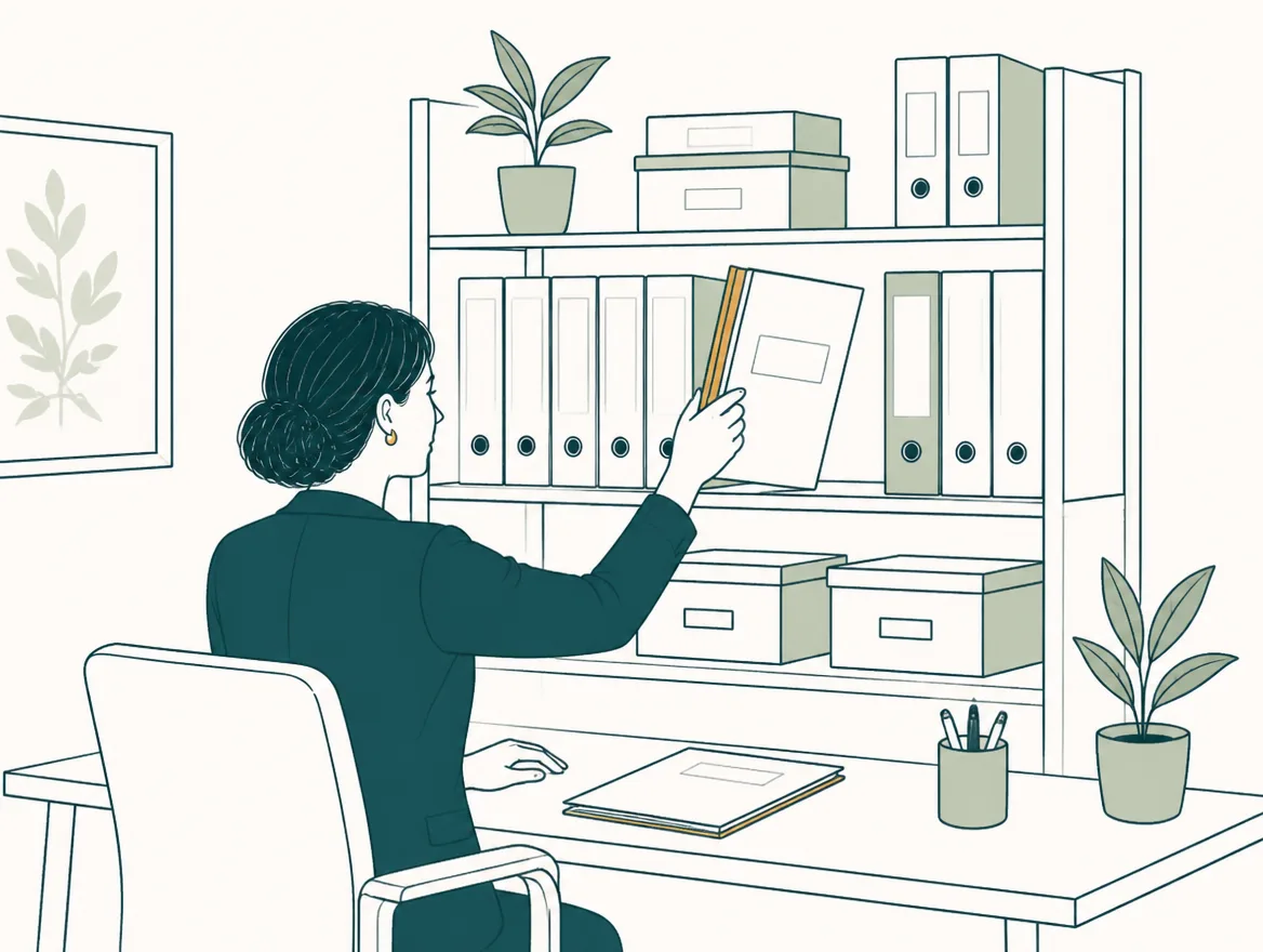 Illustration of a professional taking a template with a gold spine from a shelf of plain binders to reuse it.