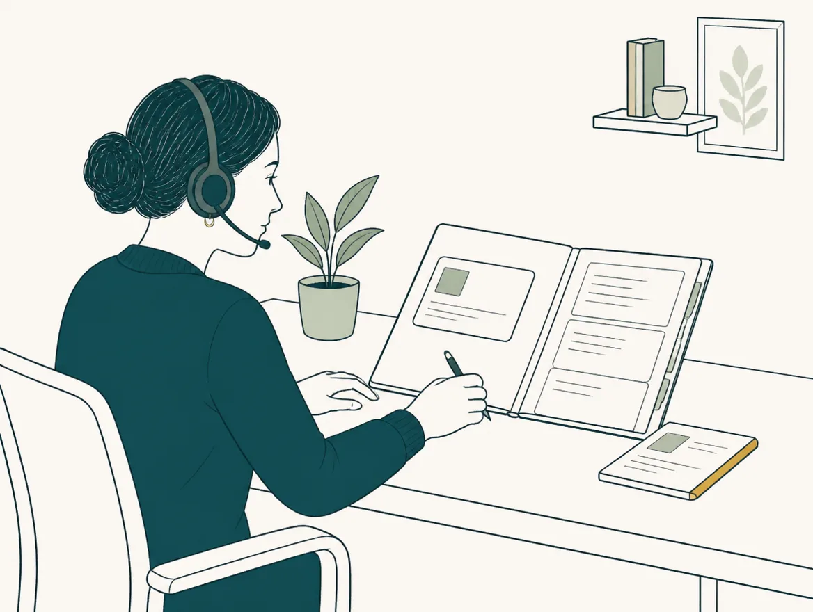 Illustration of a support specialist answering a gold-edged request card beside an open client folder with project notes.