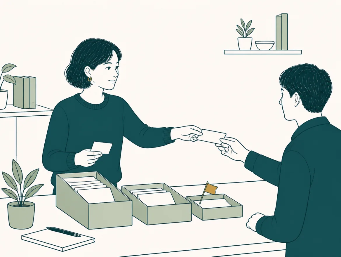 Illustration of a support coordinator sorting request cards into three trays, one marked with a gold priority flag.