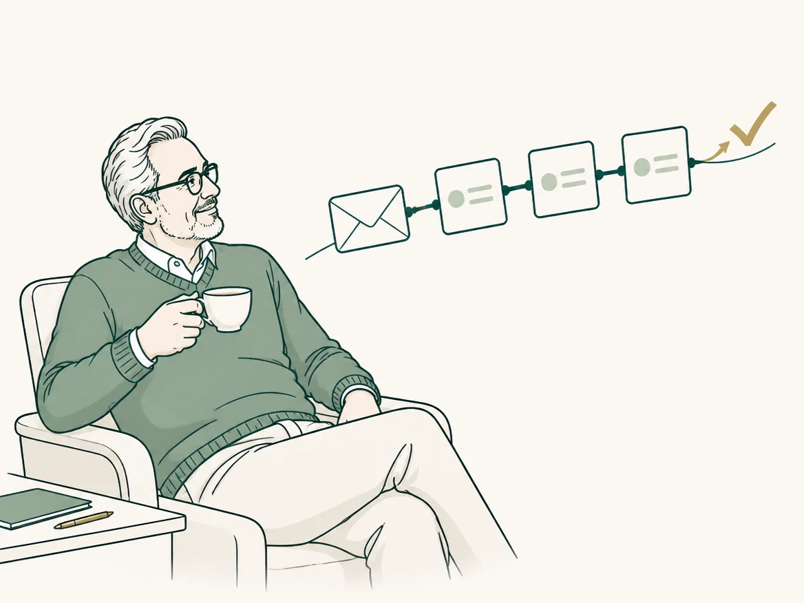 Illustration of a business owner with a cup of tea watching connected steps move through a workflow on their own.