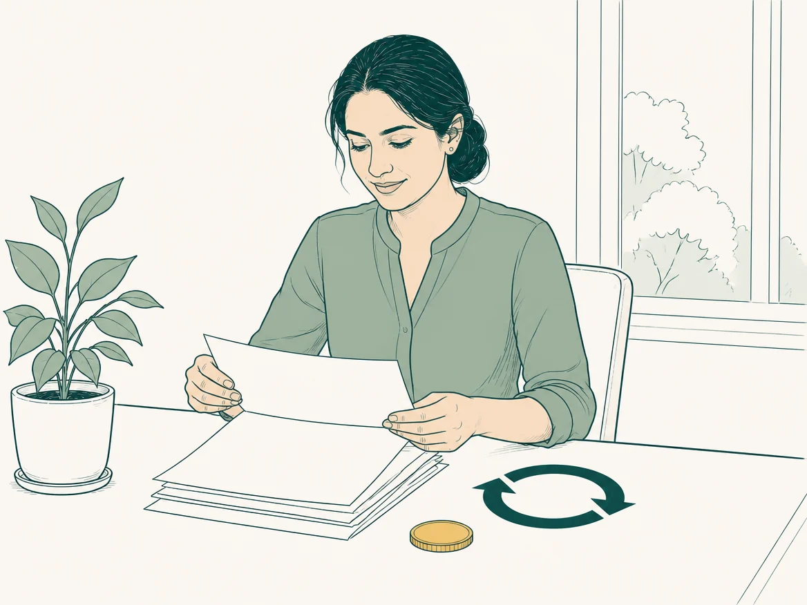Illustration of a service provider calmly reviewing invoices with a recurring cycle beside them.