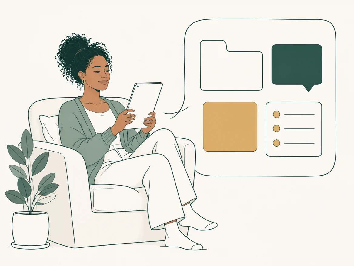 Illustration of a client relaxing in an armchair with a tablet, her shared files, messages and tasks organized in one place.