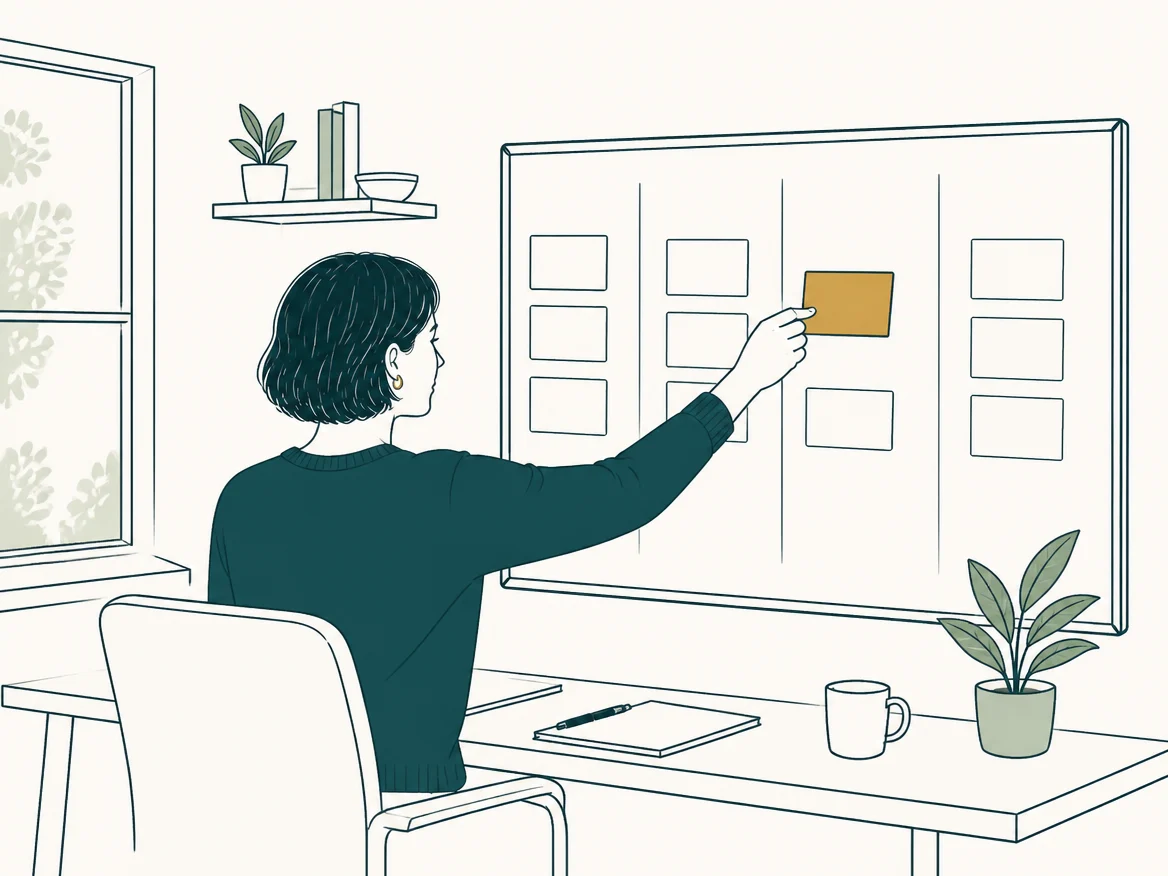 Illustration of a professional at her desk moving an opportunity card to the next column of a simple pipeline board.