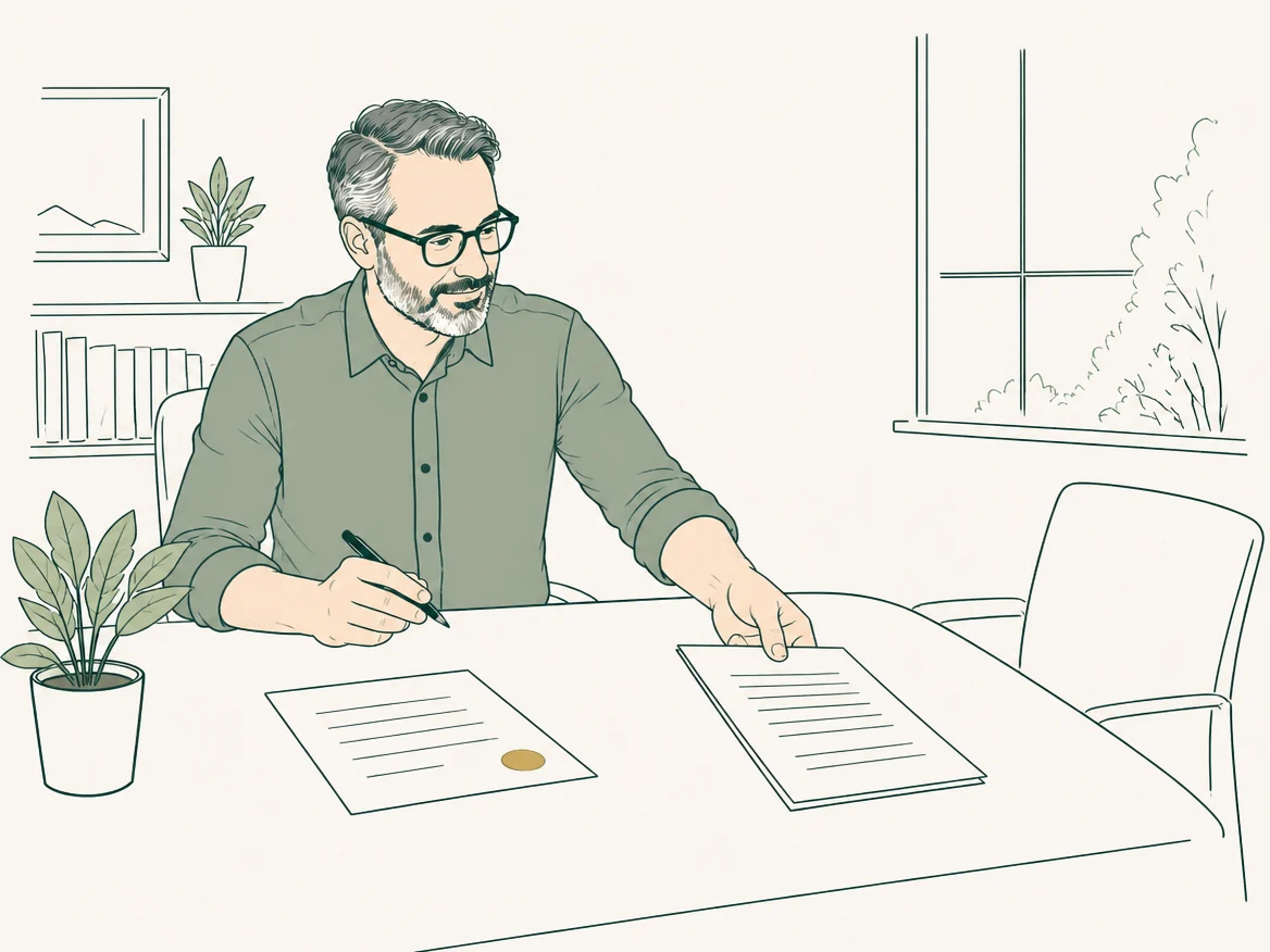 Illustration of a service provider reviewing a printed proposal, pen in hand, ready to share it with a client.