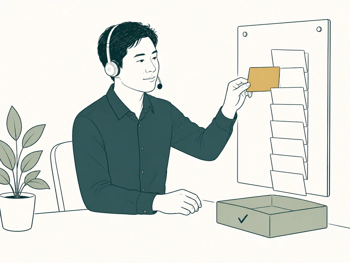 Illustration of a support professional with a headset working through a structured queue of client requests.