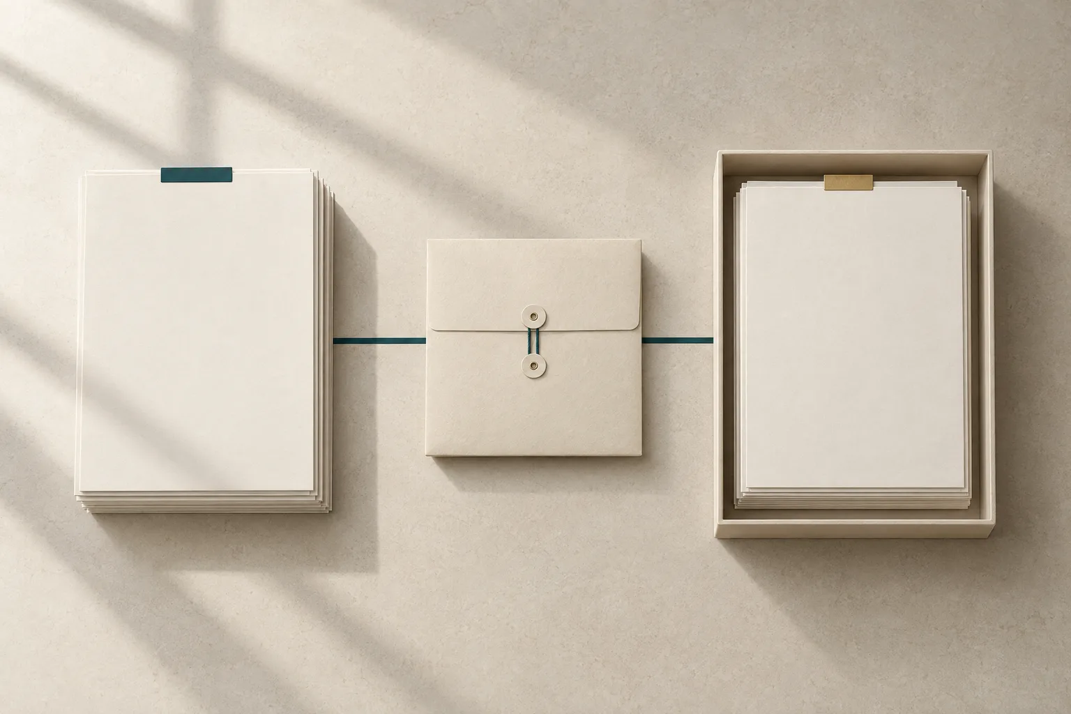 A stack of records passes a sealed packet to a tray that already holds a complete, aligned set of documents.