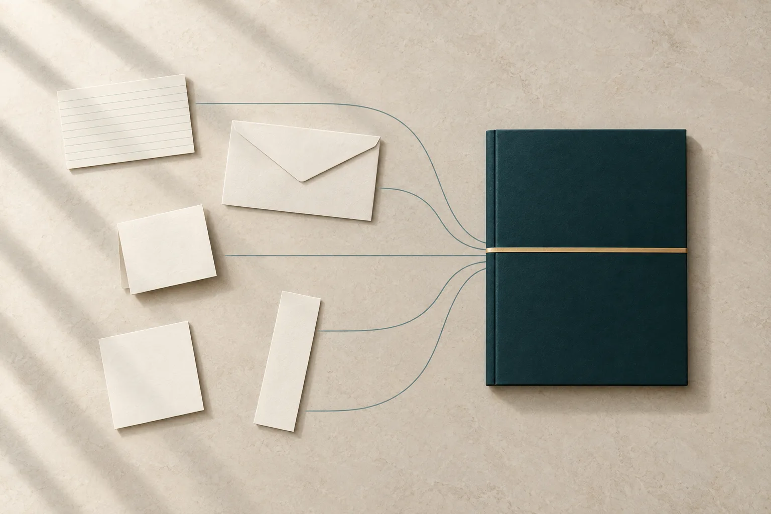 Loose cards, notes and an envelope drawn together into one bound dark teal record.