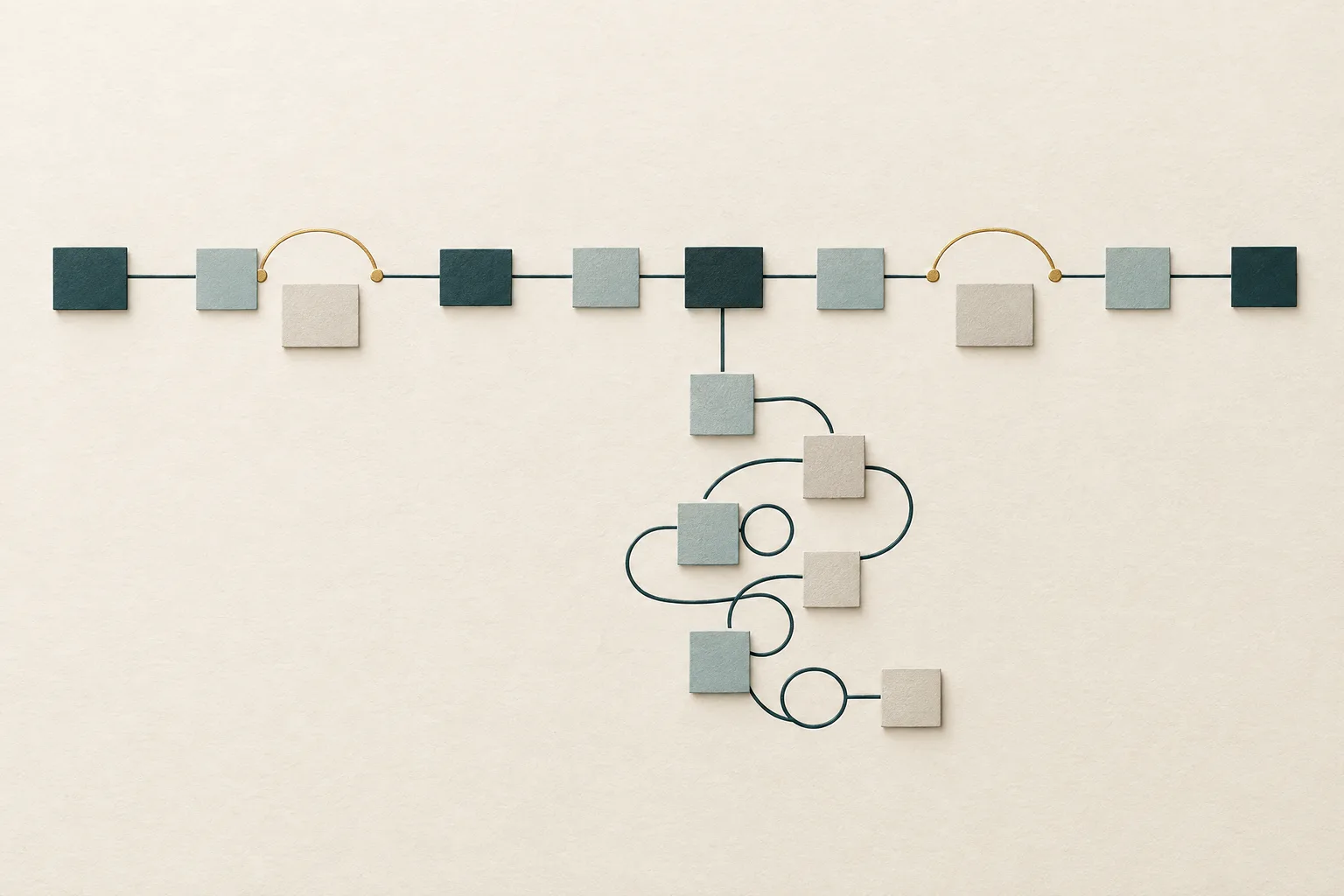 A paper process flow where gold bridges skip redundant steps and one branch loops into tangled detours.