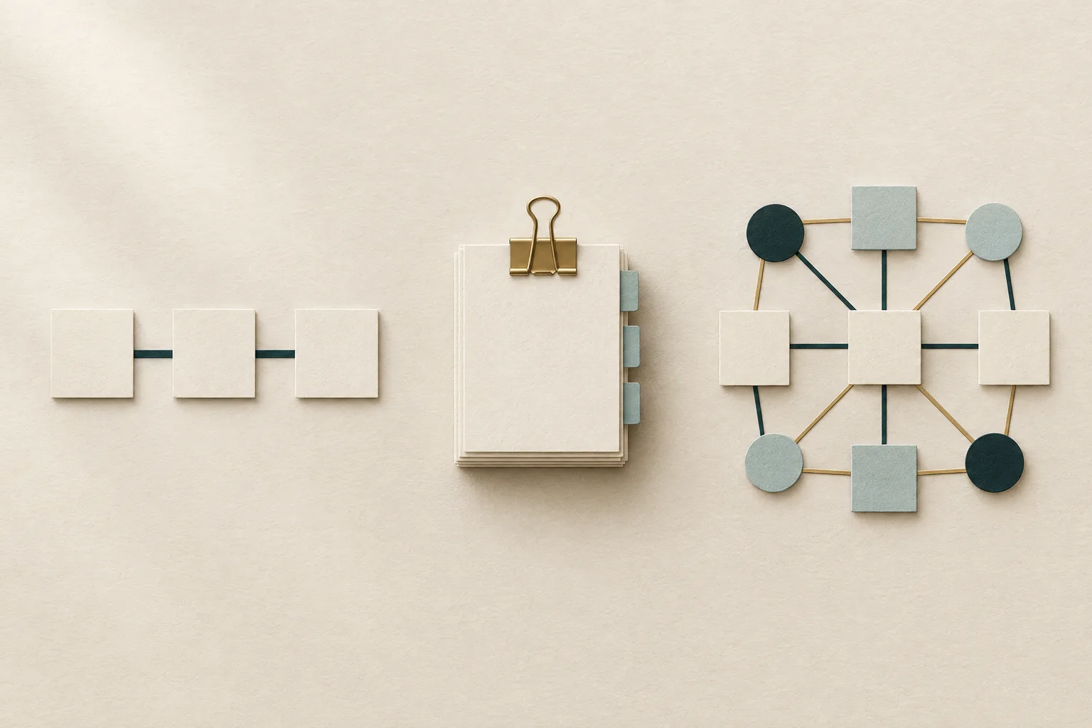 Three paper structures of increasing complexity: a simple row of cards, a clipped procedure stack and an interconnected network.