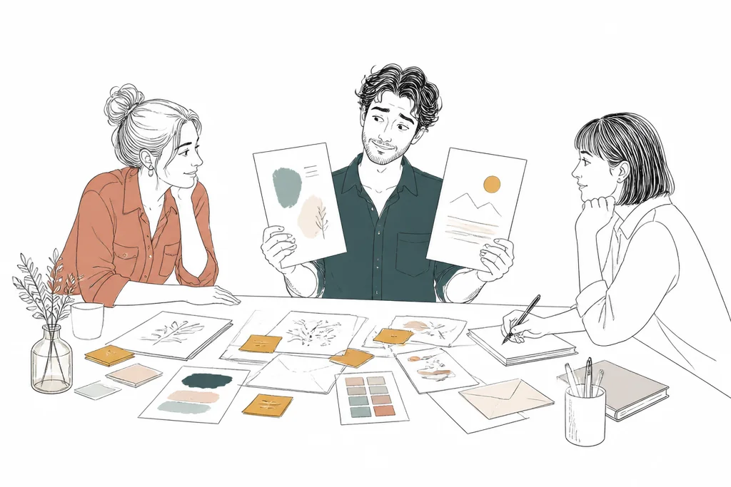 Illustration: a creative team at a studio table sorting through scattered sketches, swatches and notes, one holding up two different drafts.