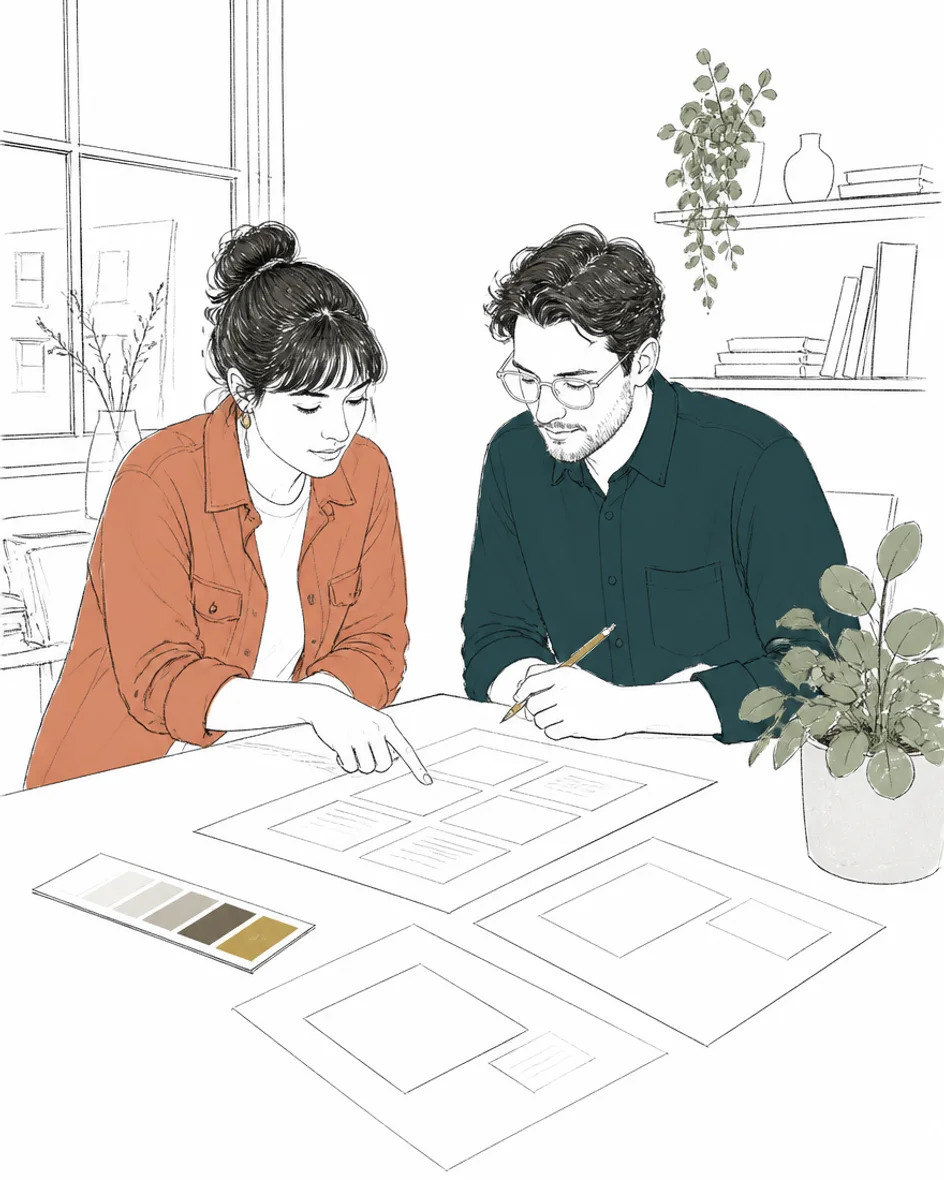 Illustration: Two designers reviewing printed layout proofs together at a studio worktable.