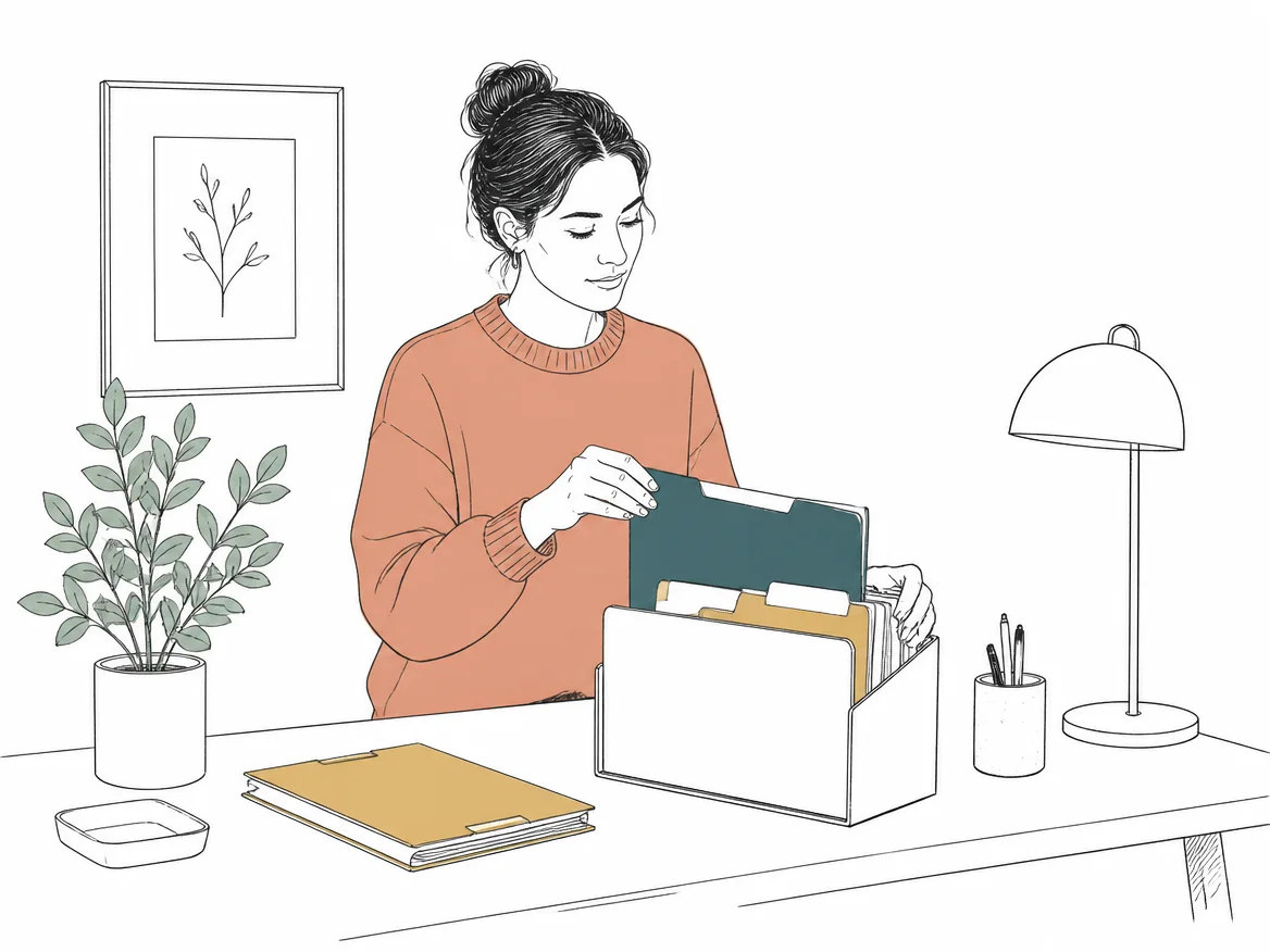 Illustration: A studio operations manager organizing project folders at a desk.