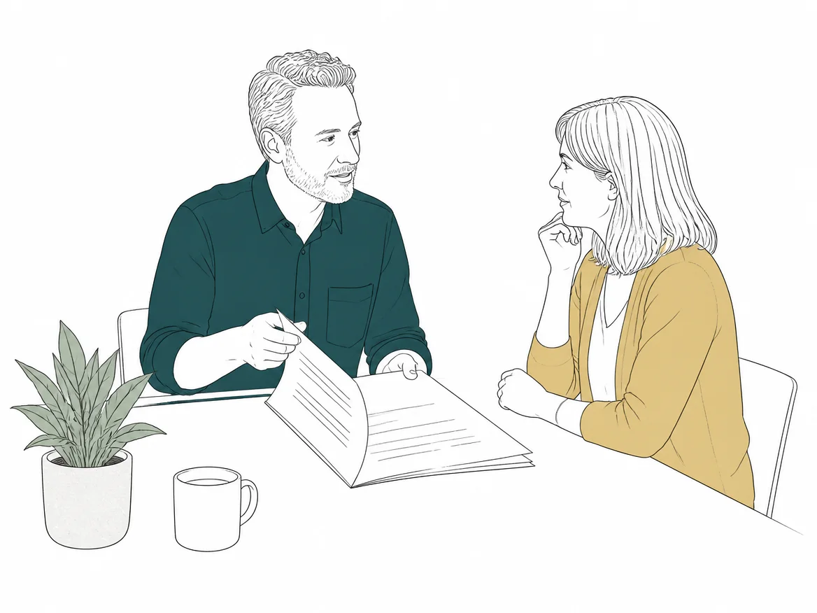 Illustration: An agency founder and a client discussing a proposal at a meeting table.