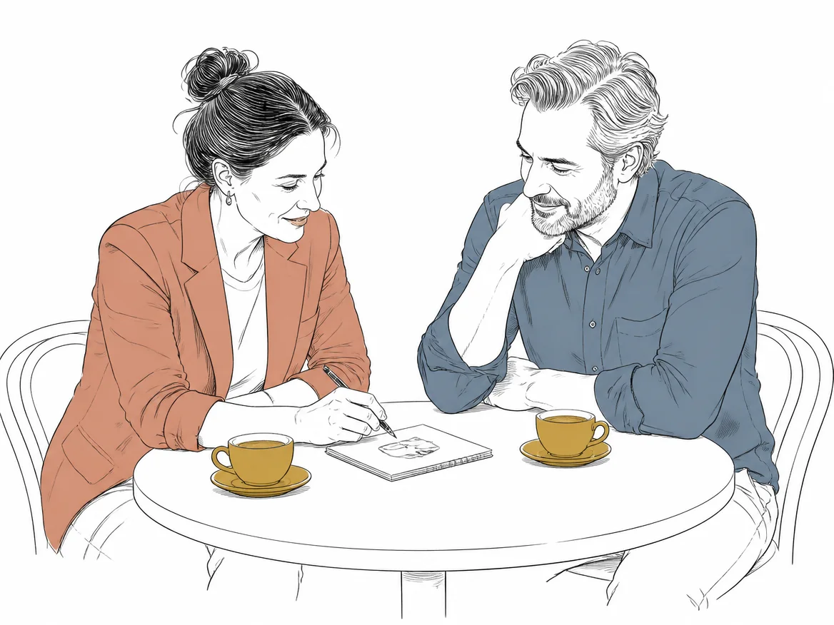 Illustration: An agency lead and a long-standing client planning next ideas over coffee.
