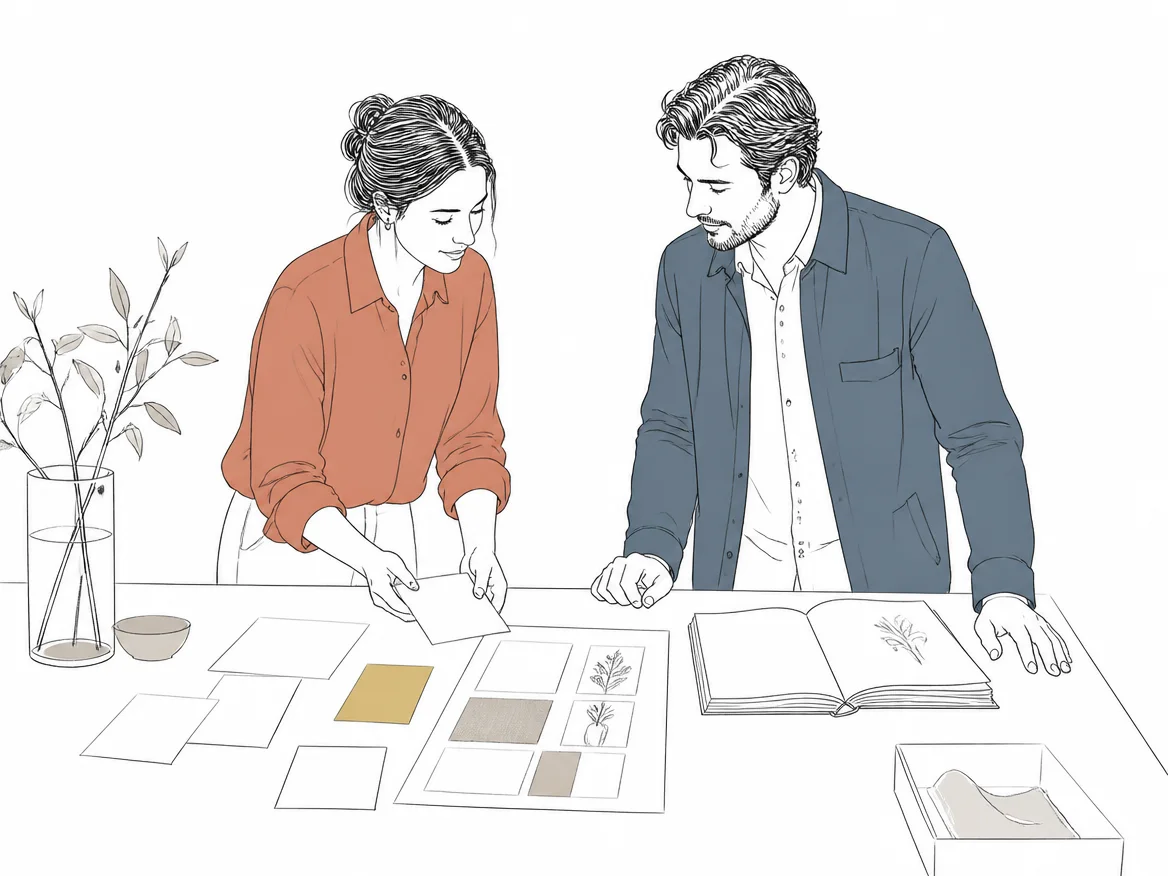 Illustration: A project manager and a new client laying out brand materials at the start of a project.