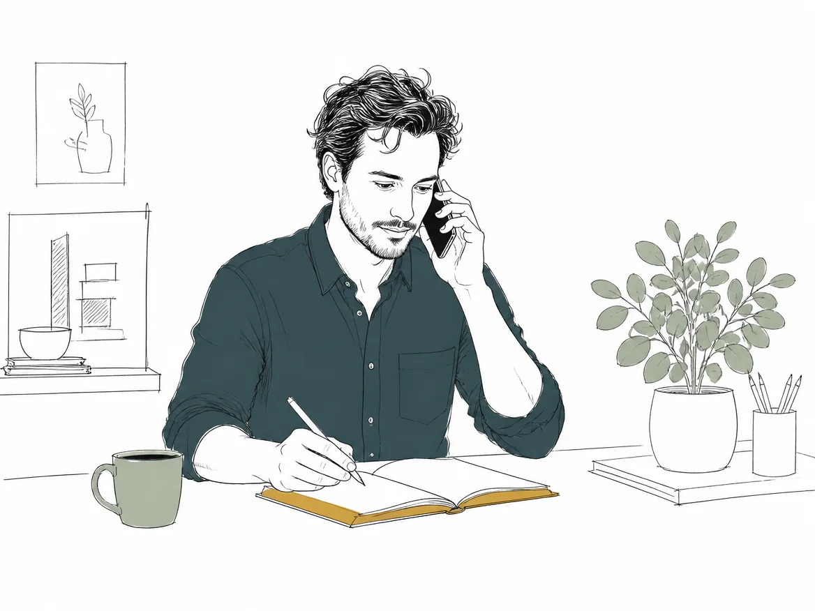 Illustration: A designer on the phone with a client, taking notes.
