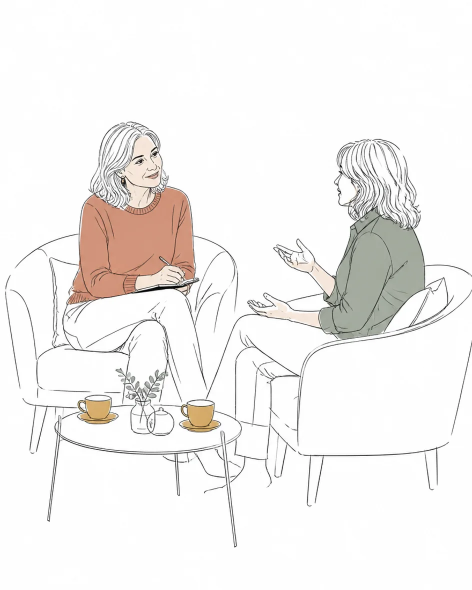 Illustration: A coach listening to a client during a one-to-one session.