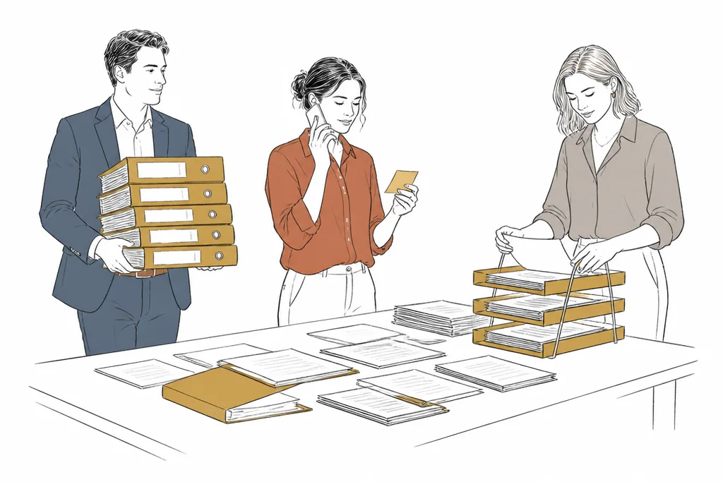 Illustration: three colleagues working across binders, documents and phone requests in a busy office.