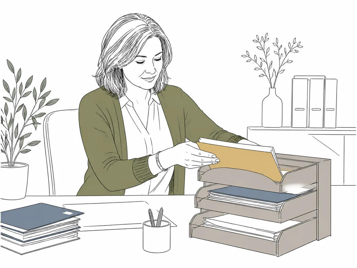Illustration: An office manager filing billing paperwork.