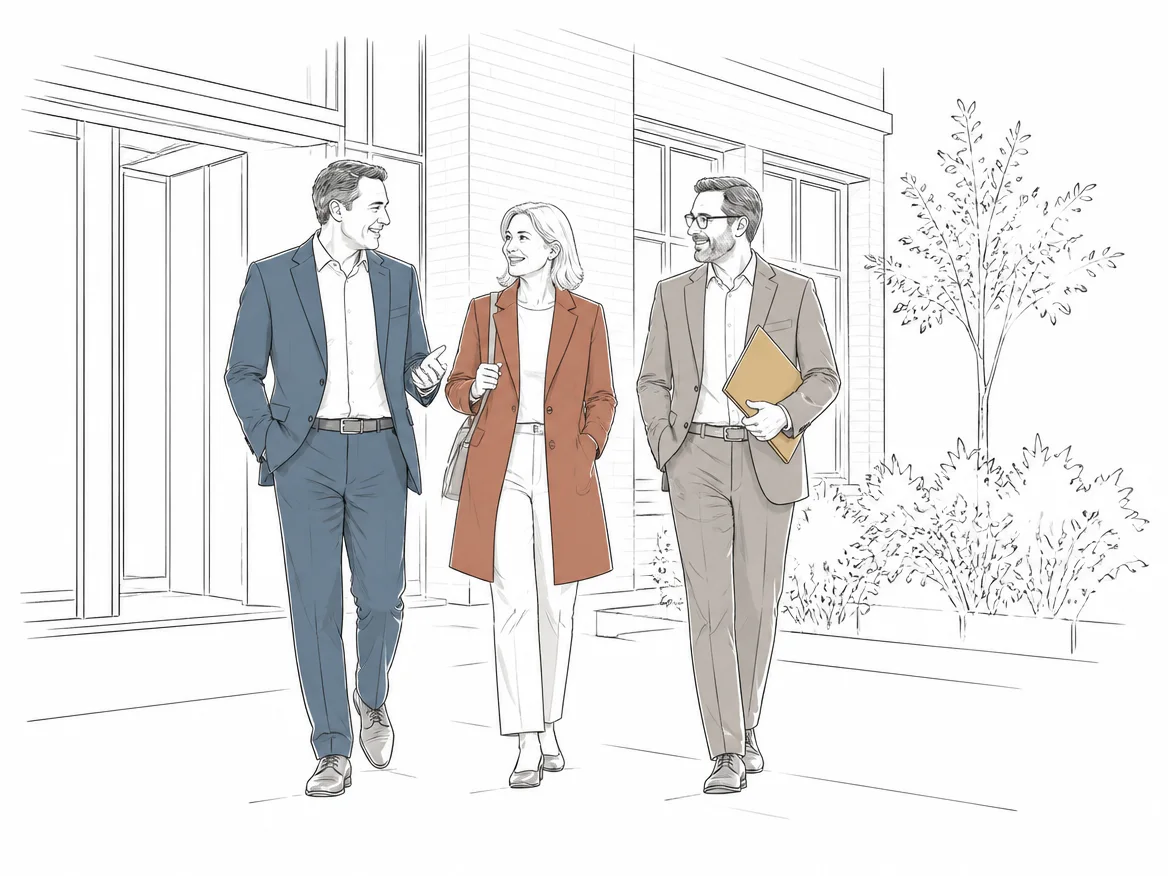 Illustration: Two partners walking with a long-term client after a review meeting.