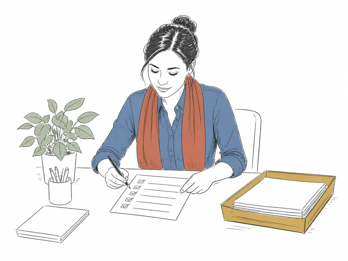 Illustration: An operations assistant completing a stack of tasks at a desk.