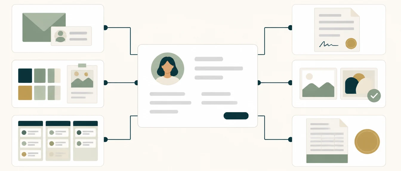 Illustrated diagram: a central client record linked to inquiry, proposal, creative brief, delivery board, approvals and billing.