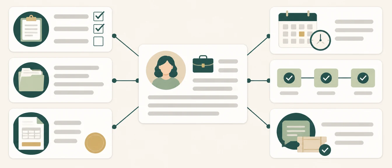 Illustrated diagram: a central engagement record linked to intake, scheduling, service workflow, documents, billing and support.