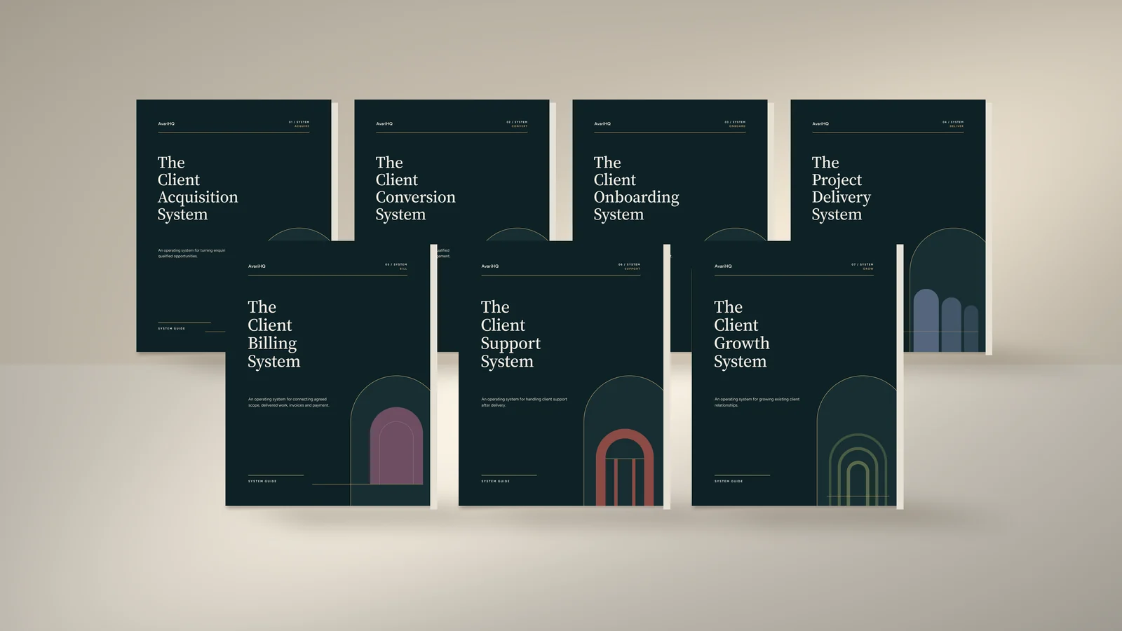 Covers of the The Client Acquisition System, The Client Conversion System, The Client Onboarding System, The Project Delivery System, The Client Billing System, The Client Support System, The Client Growth System