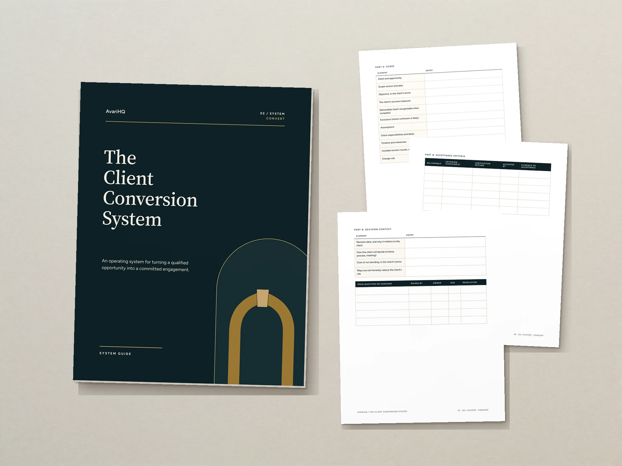 The Client Conversion System System Guide with pages from its fillable tools laid beside it.