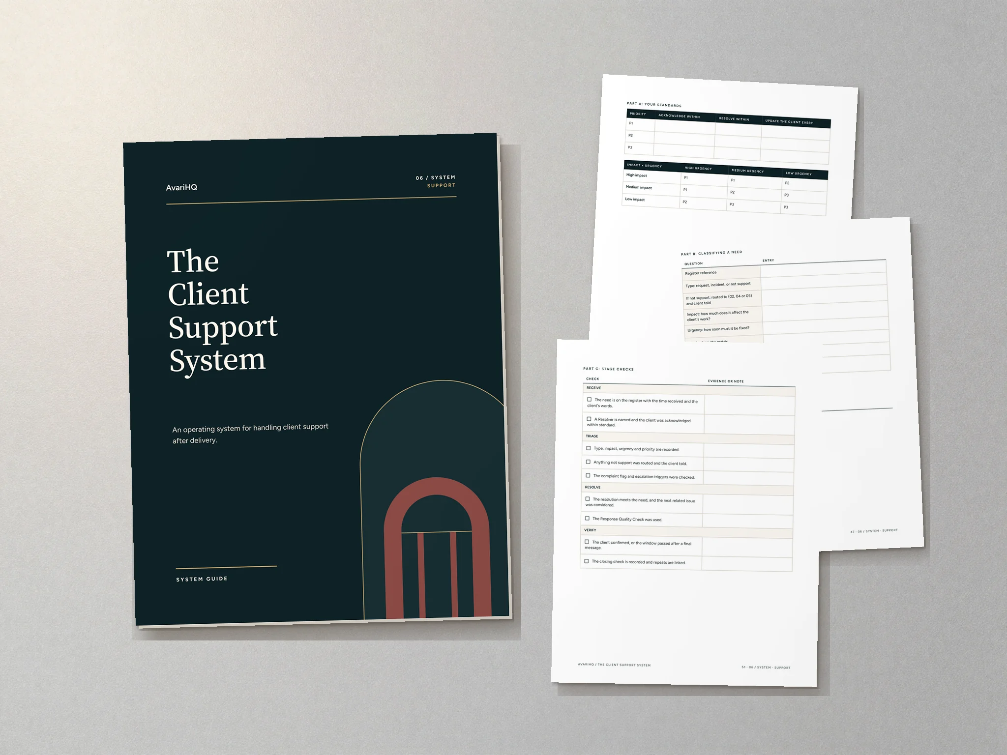 The Client Support System System Guide with pages from its fillable tools laid beside it.